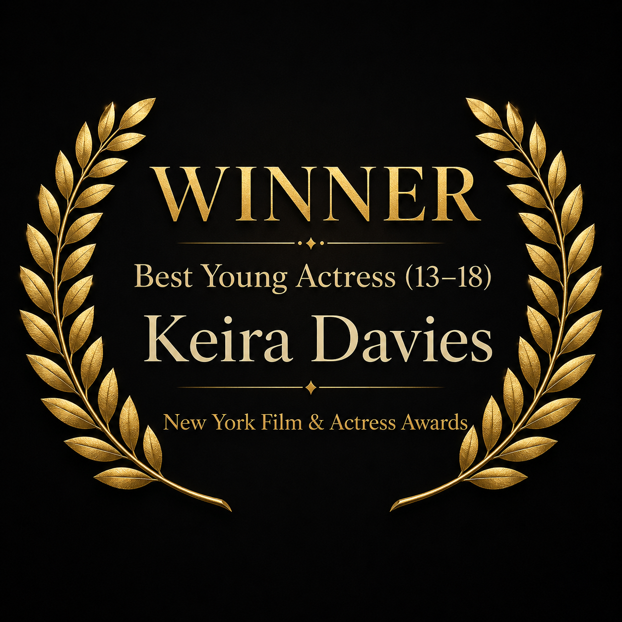 Winner, Best Young Actress, 13 to 18, Keira Davies, New York Film & Actress Awards